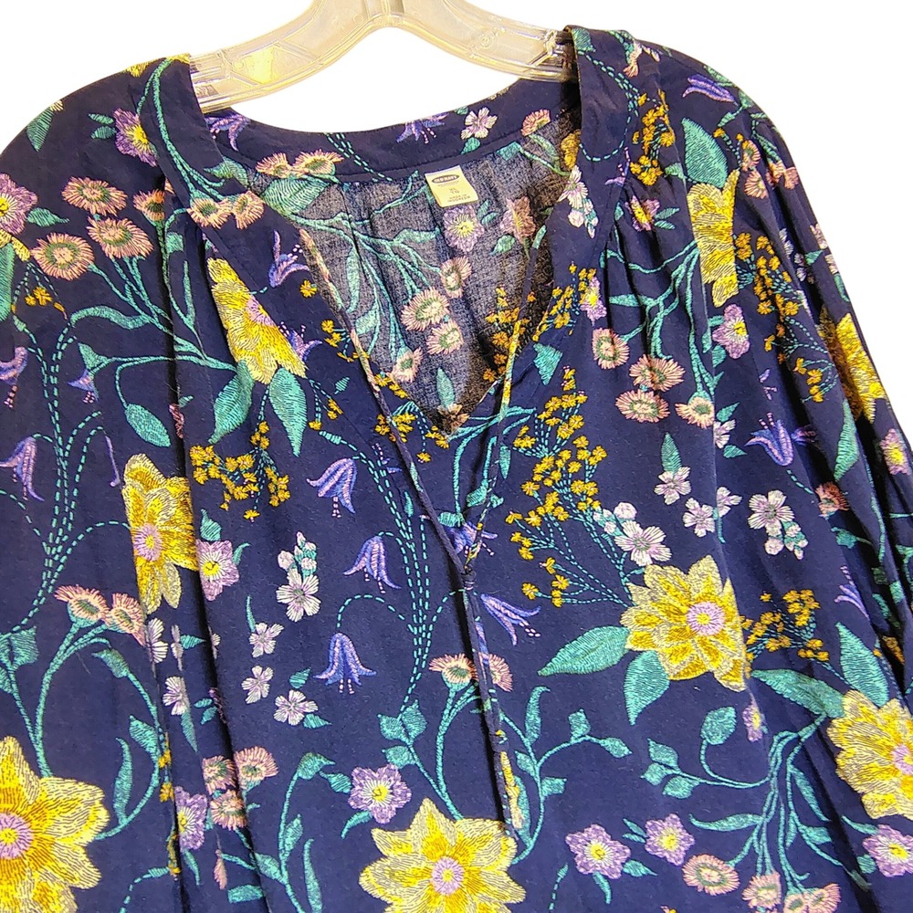 Old Navy Women XL Blue Floral Split V-Neck Cottagecore Boho Peasant Blouse Top